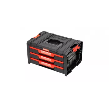 QBRICK SYSTEM PRO DRAWER 3 įrankių dėžė 2.0 Basic modulinė laikymo sistema su 3 negiliais stalčiais, juoda/raudona, metaliniai kreiptuvai, 15 kg bendra apkrova