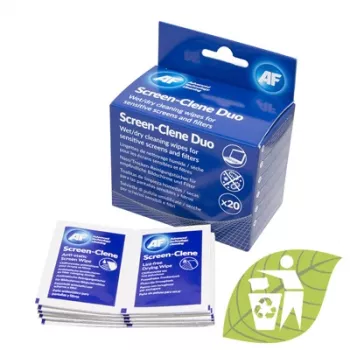 AF Screen-Clene Duo šluostės - šlapios/sausos ekrano valymo šluostės, 20 paketėlių (10 šlapių + 10 sausų)