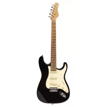 Stagg SES-55 BLK elektrinė gitara - vientisas alksnio korpusas, klevo kaklas, SSS garso ėmikliai, juoda