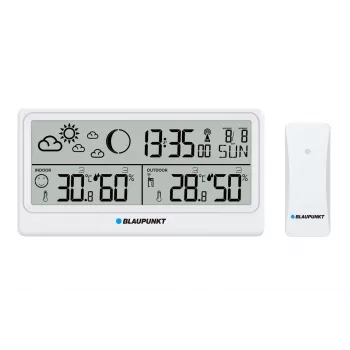 Blaupunkt WS20WH orų stotis su lauko jutikliu, spalvotas LCD, DCF radijo laikrodis, mėnulio fazė, USB įkrovimas
