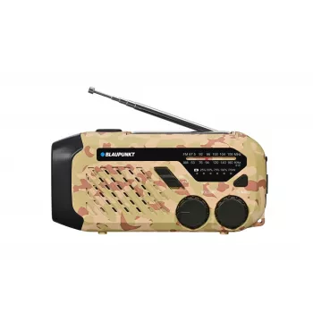 Blaupunkt ER10DC avarinis radijas su saulės baterija, rankine dinamika, išorine baterija, LED žibintuvėliu, SOS sirena, AM/FM, dykumos kamufliažas