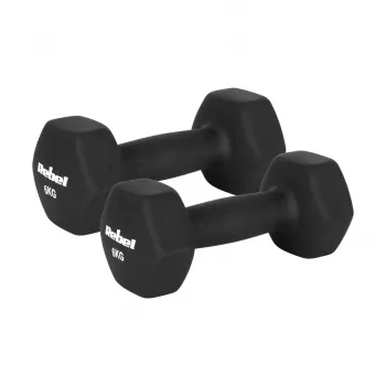 REBEL Active šešiakampis neopreno hantelių rinkinys 2 x 6 kg - nesiridena, saugo grindis, ketaus šerdis
