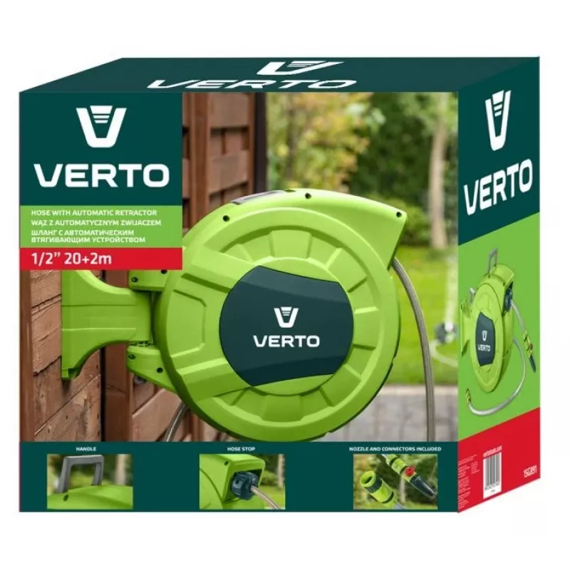 Verto 15G891 3 sluoksnių sustiprinta PVC sodo žarna, 1/2 inch x 20 m, atspari UV ir dumbliams, atsparumas plyšimui 20 bar, žalia