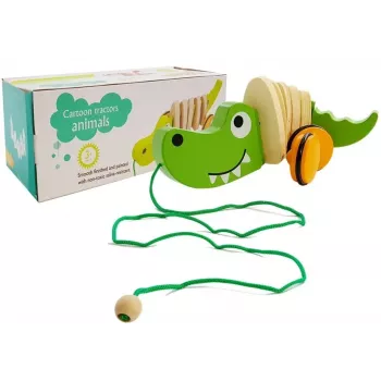 LEAN TOYS medinis krokodilas ant ratukų 18cm velkamas žaislas