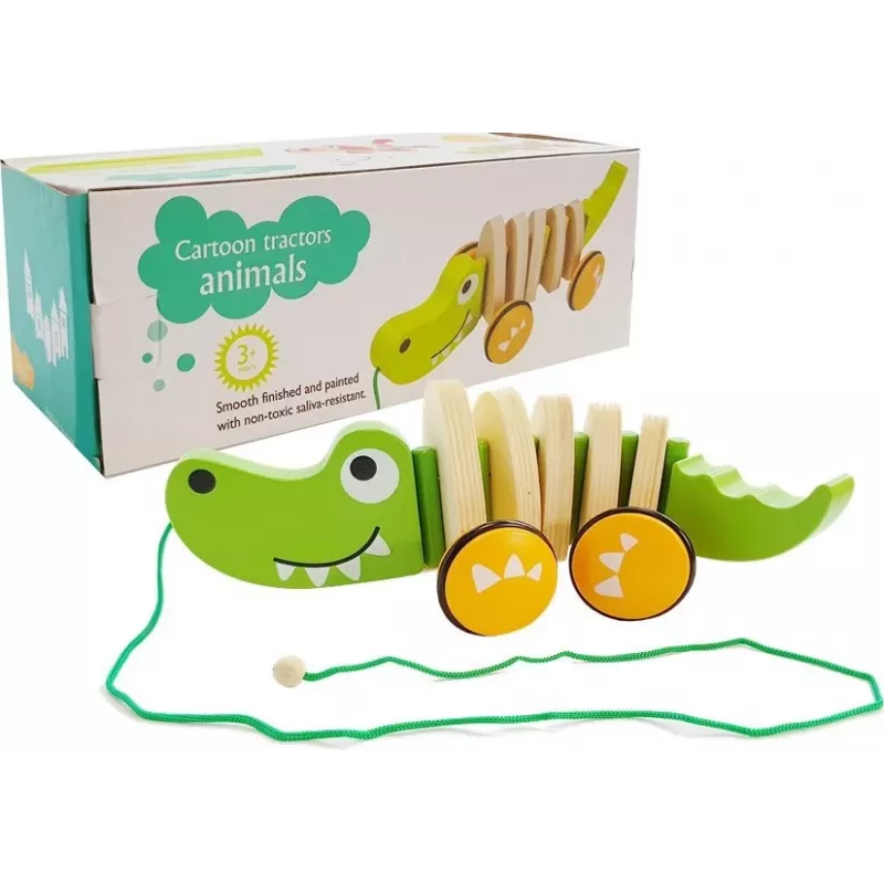 LEAN TOYS medinis krokodilas ant ratukų 18cm velkamas žaislas