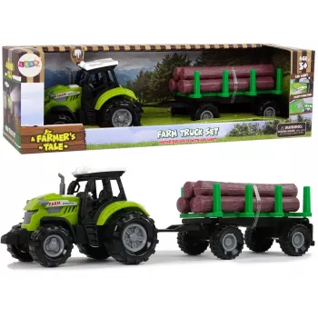 LEAN TOYS Žalias traktorius su rąstų priekaba ir garso efektais