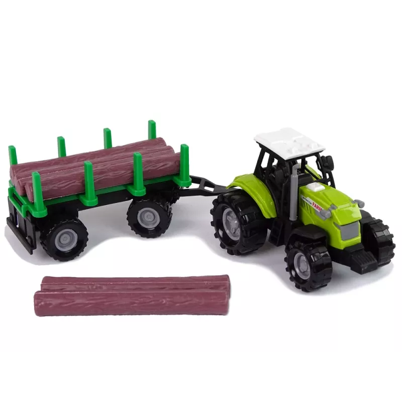 LEAN TOYS Žalias traktorius su rąstų priekaba ir garso efektais