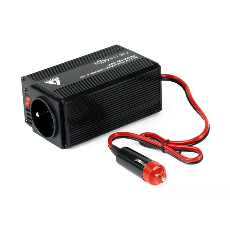 AZO Digital IPS-400 400W 12V DC į 230V AC modifikuotos sinusoidės galios keitiklis su Schuko lizdu, akumuliatoriaus spaustukais ir cigarečių žiebtuvėlio kištuku