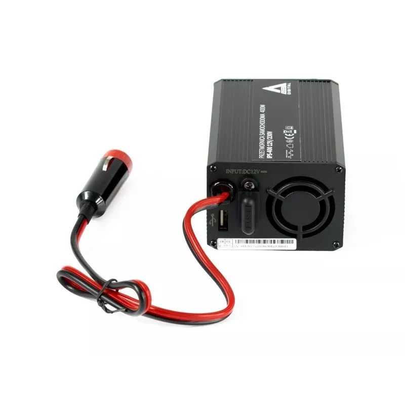 AZO Digital IPS-400 400W 12V DC į 230V AC modifikuotos sinusoidės galios keitiklis su Schuko lizdu, akumuliatoriaus spaustukais ir cigarečių žiebtuvėlio kištuku
