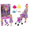 LEAN TOYS Lėlių vežimėlio rinkinys su aksesuarais – rožinis vežimėlis su minkšta lėle, buteliuku, antklode ir krepšiu
