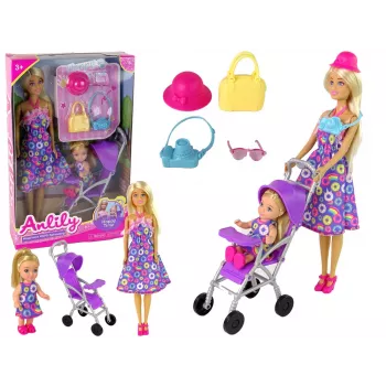 LEAN TOYS Lėlių vežimėlio rinkinys su aksesuarais – rožinis vežimėlis su minkšta lėle, buteliuku, antklode ir krepšiu