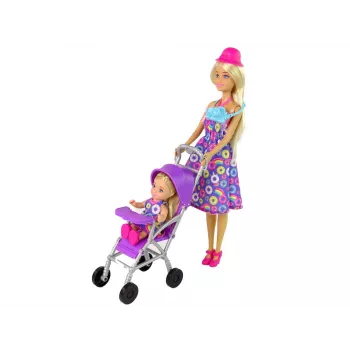 LEAN TOYS Lėlių vežimėlio rinkinys su aksesuarais – rožinis vežimėlis su minkšta lėle, buteliuku, antklode ir krepšiu