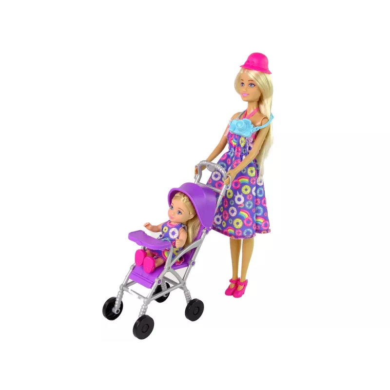 LEAN TOYS Lėlių vežimėlio rinkinys su aksesuarais – rožinis vežimėlis su minkšta lėle, buteliuku, antklode ir krepšiu