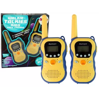 LEAN TOYS Vaikiški racijažiedžiai geltoni - PMR446 dvipusio ryšio radijo rinkinys su 8 kanalais, iki 3 km atstumu, apšviestu LCD ekranu, žibintuvėliu, VOX, diržo klipsu - 2 vienetai