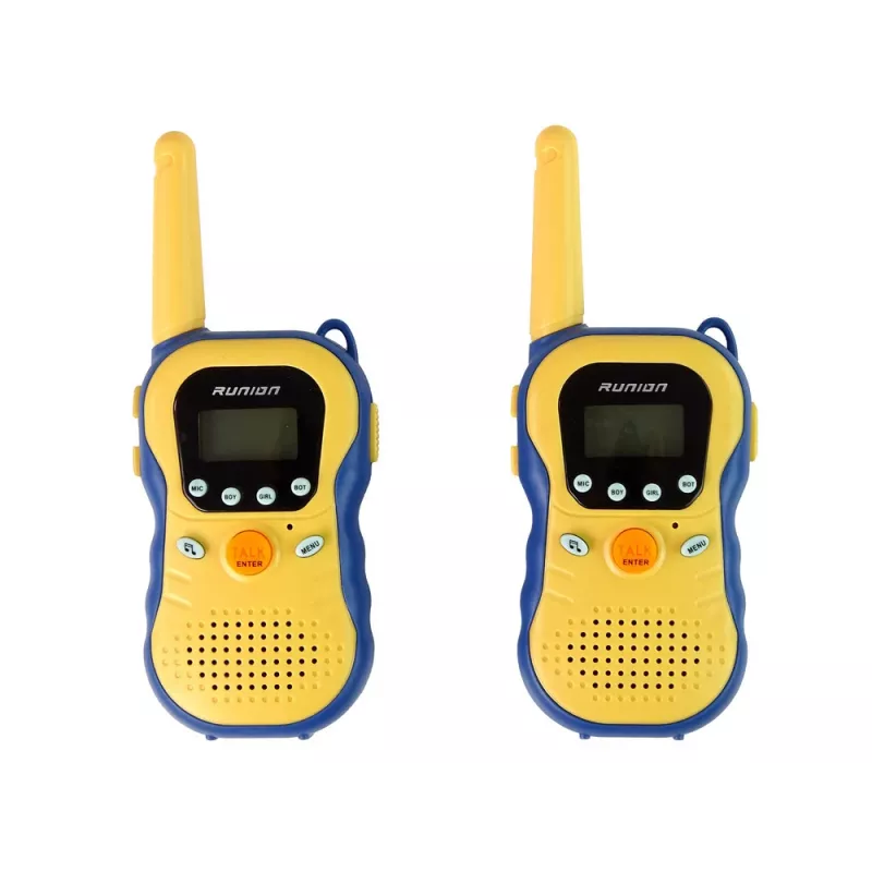 LEAN TOYS Vaikiški racijažiedžiai geltoni - PMR446 dvipusio ryšio radijo rinkinys su 8 kanalais, iki 3 km atstumu, apšviestu LCD ekranu, žibintuvėliu, VOX, diržo klipsu - 2 vienetai