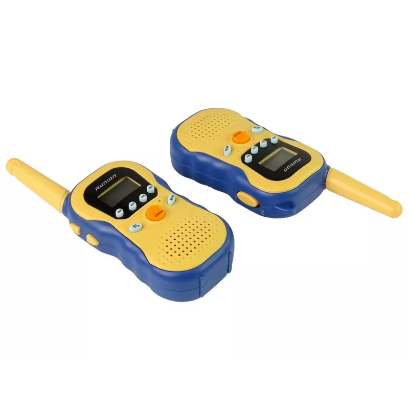 LEAN TOYS Vaikiški racijažiedžiai geltoni - PMR446 dvipusio ryšio radijo rinkinys su 8 kanalais, iki 3 km atstumu, apšviestu LCD ekranu, žibintuvėliu, VOX, diržo klipsu - 2 vienetai