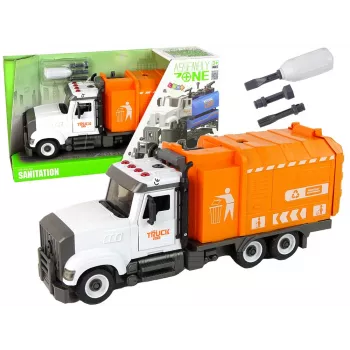 LEAN TOYS Šiukšlių mašina su atsukimo ir prisukimo priedais, oranžinė