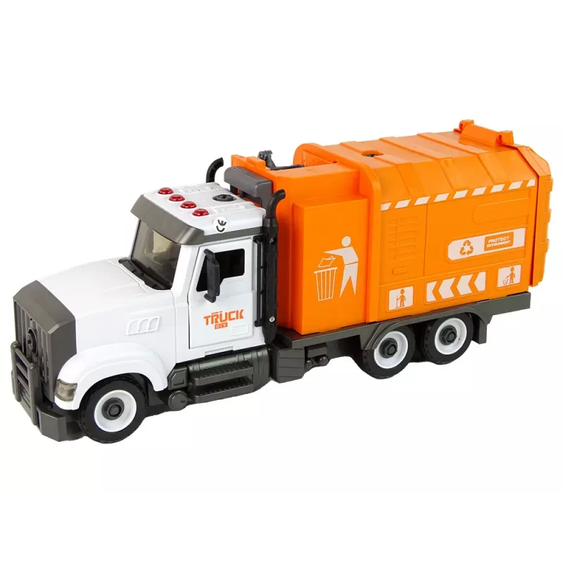 LEAN TOYS Šiukšlių mašina su atsukimo ir prisukimo priedais, oranžinė
