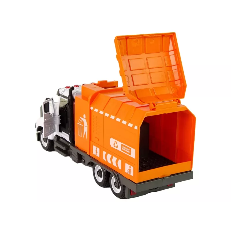 LEAN TOYS Šiukšlių mašina su atsukimo ir prisukimo priedais, oranžinė