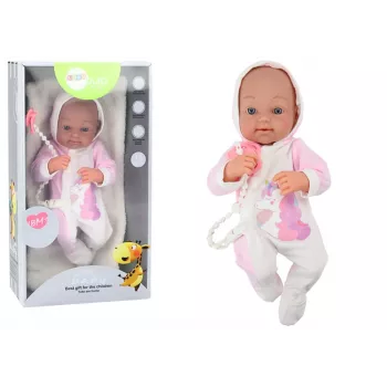 LEAN TOYS lėlė su čiulptuku, vienaragio kostiumėliu, rožine antklode ir aksesuarais, 35 cm
