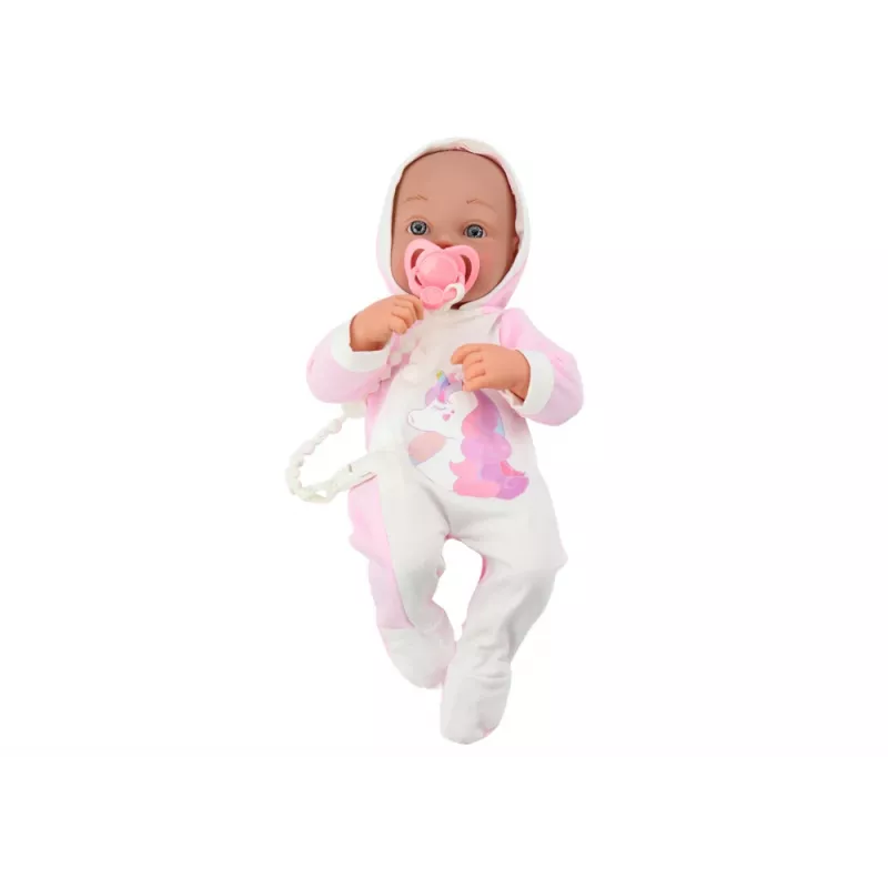 LEAN TOYS lėlė su čiulptuku, vienaragio kostiumėliu, rožine antklode ir aksesuarais, 35 cm