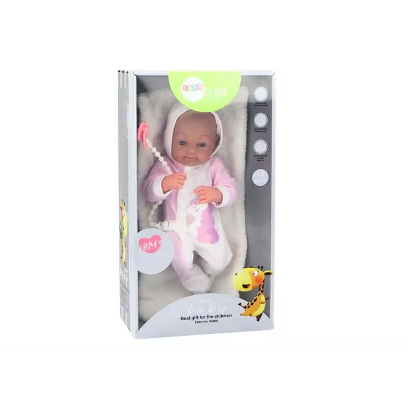 LEAN TOYS lėlė su čiulptuku, vienaragio kostiumėliu, rožine antklode ir aksesuarais, 35 cm