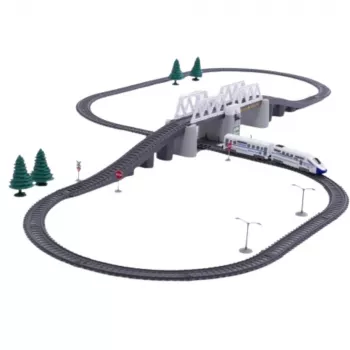 LEAN TOYS elektrinis traukinio rinkinys su pakeliamuoju tiltu ir 366 cm bėgiais