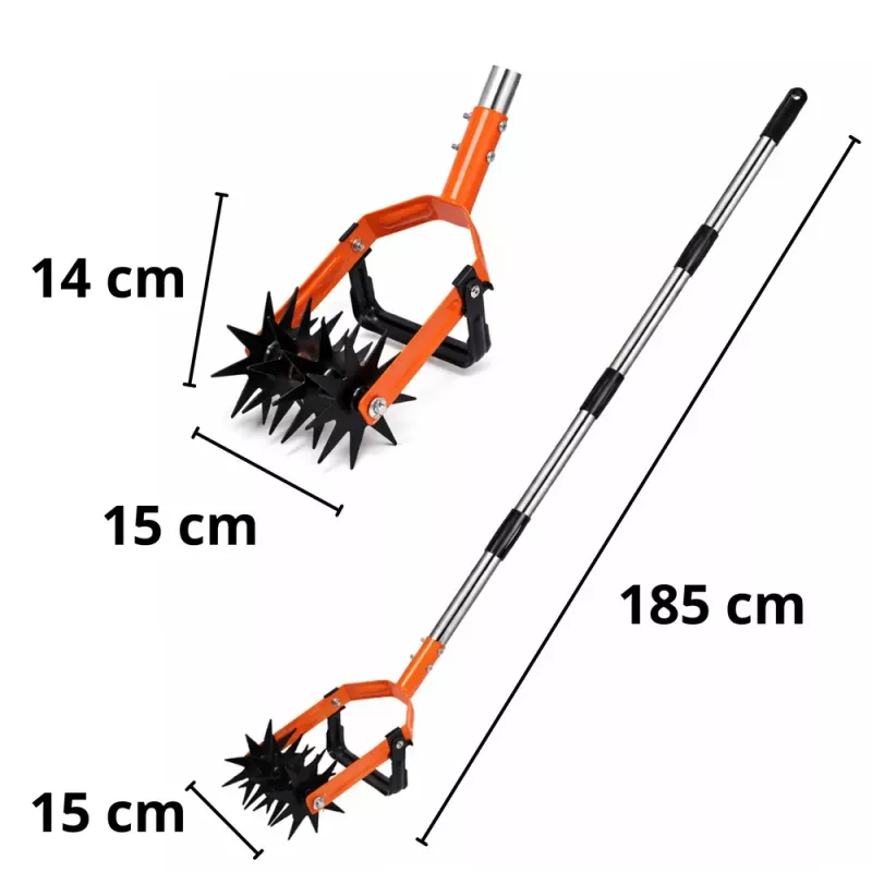 LEAN TOYS rotacinis sodo ravėtuvas su teleskopine rankena, 5 žvaigždės formos dantukų, reguliuojamas 90-150 cm, žalias/juodas