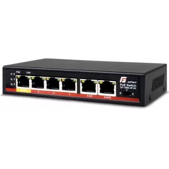 GETFORT GF-106D-4P-65 6 prievadų Fast Ethernet PoE+ komutatorius su 4 PoE prievadais ir 2 magistralės prievadais, 65W biudžetas, metalinis darbalaukio korpusas