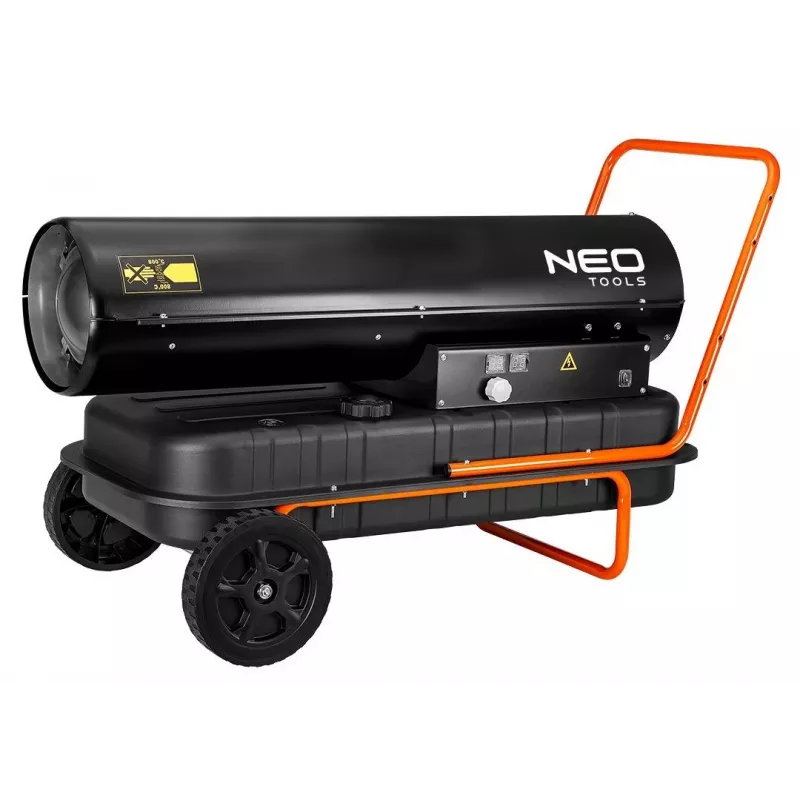 NEO TOOLS 50kW alyvos šildytuvas su 50L bakeliu ir ratukais, 44 kW, 150 000 BTU/val., dyzelinas/žibalas/šildymo alyva, IP41, plieninis korpusas