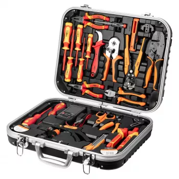NEO TOOLS 25 dalių elektriko įrankių rinkinys su dėklu, VDE izoliuoti rankiniai įrankiai su įtampos testeriu, vielos nuėmikliu, replėmis, atsuktuvais ir priedais patvariame plastikiniame nešiojamame dėkle
