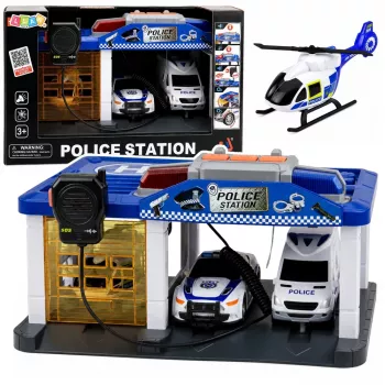 LEAN TOYS policijos nuovados garažas su 2 automobiliais, sraigtasparniu, racija, šviesomis ir garsais | 31588