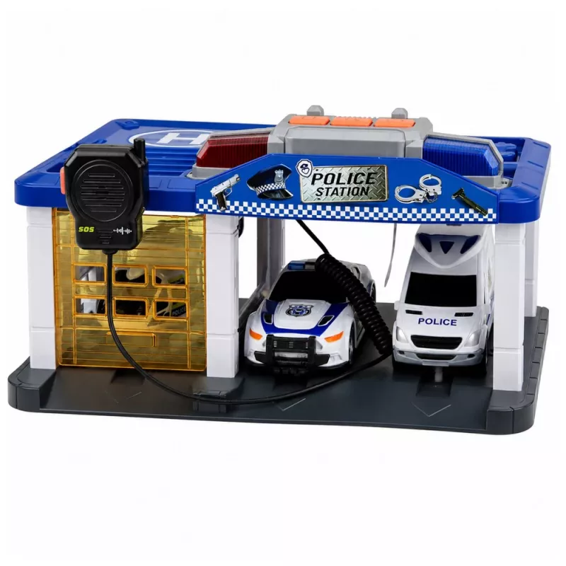 LEAN TOYS policijos nuovados garažas su 2 automobiliais, sraigtasparniu, racija, šviesomis ir garsais | 31588