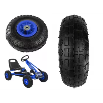 LEAN TOYS Gokart Wheel A15 Blue - 280 mm pneumatinis keičiamasis ratas su 12 mm ašies skyle, visureigis protektorius, rutuliniai guoliai, Schrader vožtuvas, komplekte vidinė padanga