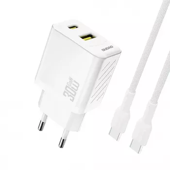 Dudao A27TCEU PD 30W GaN USB-A USB-C sieninis įkroviklis su USB-C kabeliu - Baltas