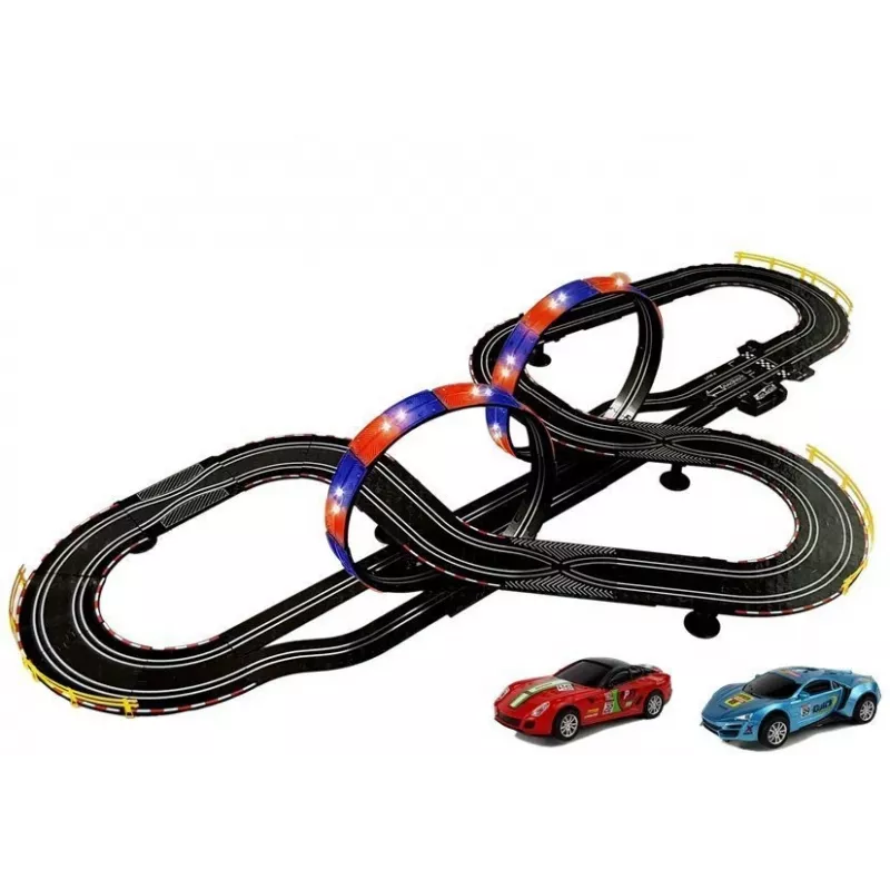LEAN TOYS lenktynių trasa 2 automobiliai Top Turbo šviesos 7,6 m ilgio