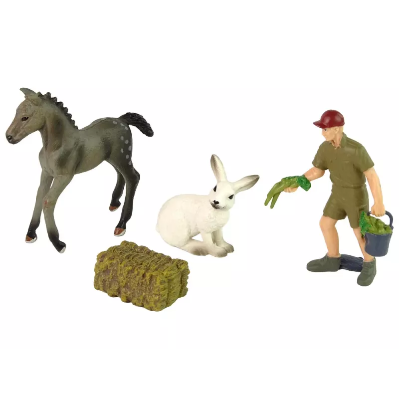 LEAN TOYS gyvūnų figūrėlių rinkinys arklys pilkas kiškis ūkininkas