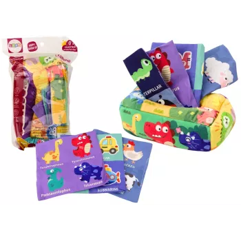 LEAN TOYS minkšta servetėlių dėžutė su 6 audiniais ir 3 ošiančiomis spalvotomis servetėlėmis