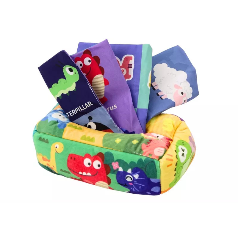LEAN TOYS minkšta servetėlių dėžutė su 6 audiniais ir 3 ošiančiomis spalvotomis servetėlėmis
