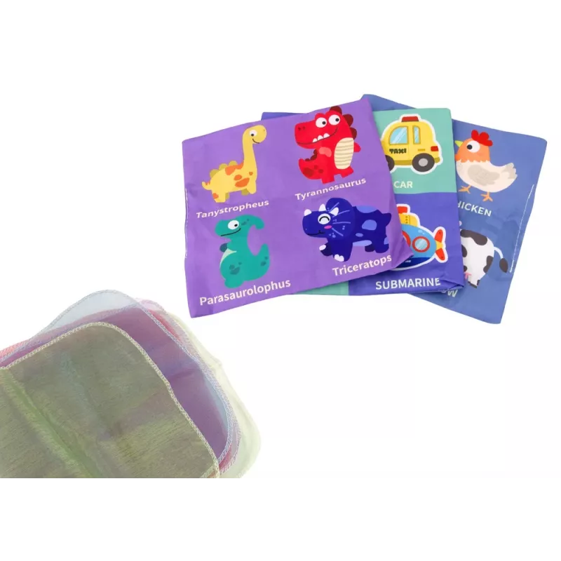 LEAN TOYS minkšta servetėlių dėžutė su 6 audiniais ir 3 ošiančiomis spalvotomis servetėlėmis