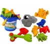 LEAN TOYS Smėlio kibiro rinkinys su dušu, mentele, grėbliu, formelėmis, dinozaurais