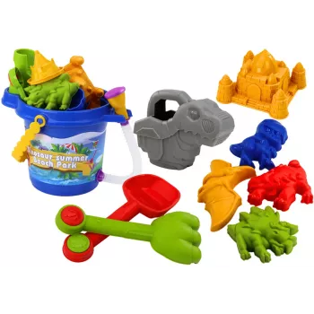 LEAN TOYS Smėlio kibiro rinkinys su dušu, mentele, grėbliu, formelėmis, dinozaurais