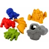LEAN TOYS Smėlio kibiro rinkinys su dušu, mentele, grėbliu, formelėmis, dinozaurais