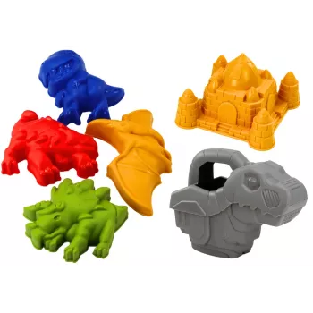 LEAN TOYS Smėlio kibiro rinkinys su dušu, mentele, grėbliu, formelėmis, dinozaurais