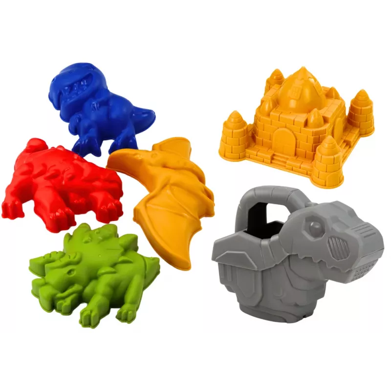 LEAN TOYS Smėlio kibiro rinkinys su dušu, mentele, grėbliu, formelėmis, dinozaurais