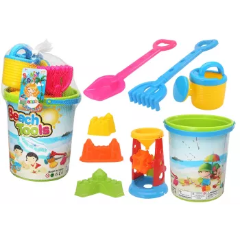 LEAN TOYS Smėlio žaislų rinkinys, kibiras, smulkintuvas, laistytuvas, spalvotos formelės