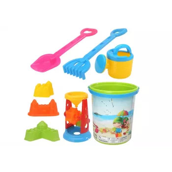 LEAN TOYS Smėlio žaislų rinkinys, kibiras, smulkintuvas, laistytuvas, spalvotos formelės