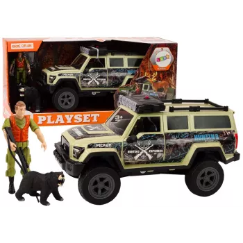 LEAN TOYS Beždžionių medžioklės automobilis Hunter Bear su šviesomis ir garsais, smėlio spalvos