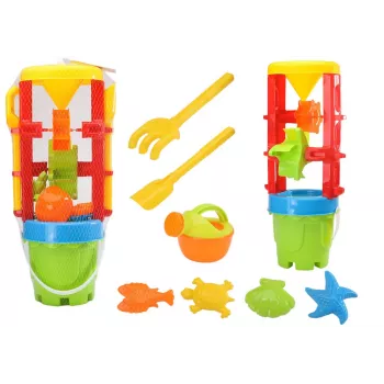 LEAN TOYS 18546 Smėlio žaislų rinkinys su dideliu malūnėliu, kibiru ir spalvotomis formelėmis – 7 dalių paplūdimio ir smėlio dėžės žaidimų rinkinys vaikams nuo 12 mėnesių