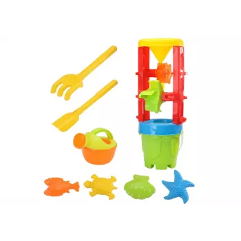 LEAN TOYS 18546 Smėlio žaislų rinkinys su dideliu malūnėliu, kibiru ir spalvotomis formelėmis – 7 dalių paplūdimio ir smėlio dėžės žaidimų rinkinys vaikams nuo 12 mėnesių